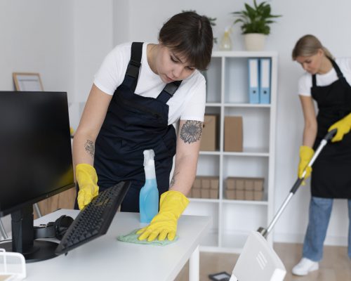 Mujeres limpiando oficina y escritorio