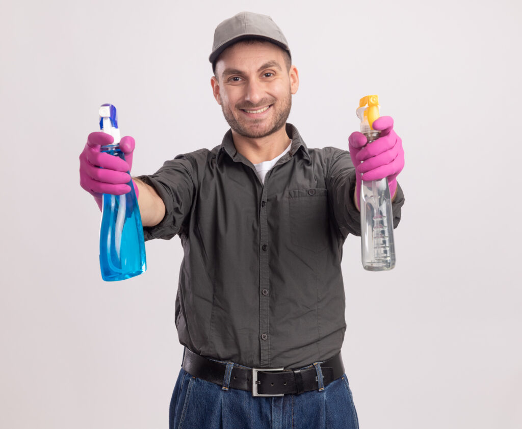 Limpiador con dos artículos de limpieza en la mano